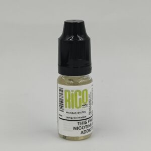 1 x 10ml RicoVapes Nicotine shot = 3ml nicotine strength approx (in a 50ml shortfill)