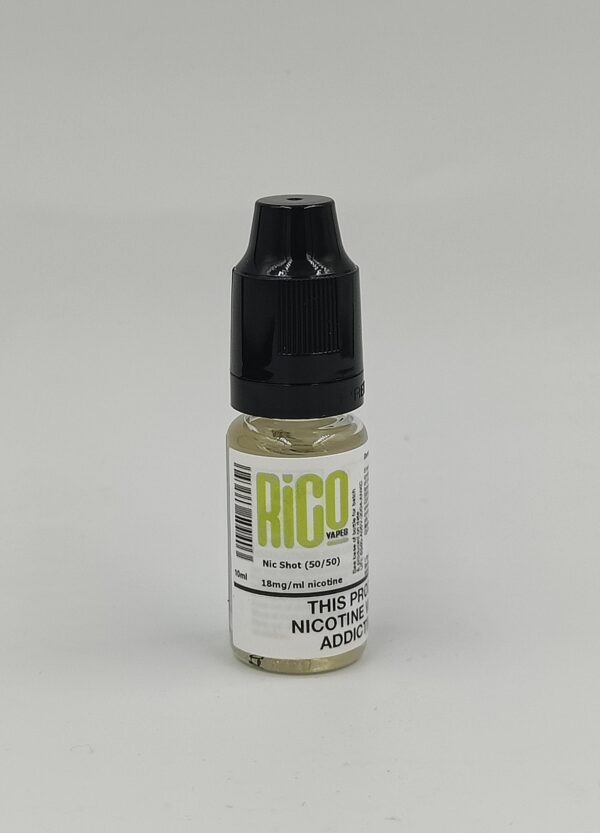1 x 10ml RicoVapes Nicotine shot = 3ml nicotine strength approx (in a 50ml shortfill)